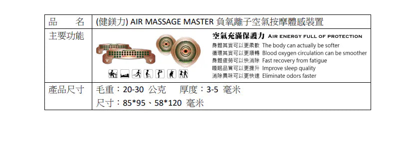 (健鎂力) AIR MASSAGE MASTER 體感式(空氣按摩)高效能濾菌機|負氧離子空氣按摩體感裝置|風扇|空調