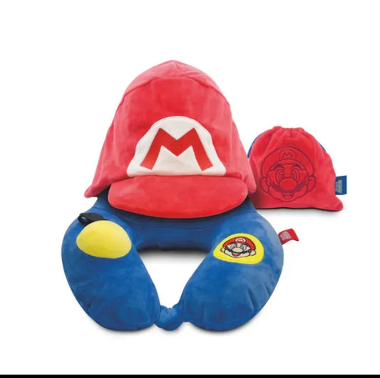 🇯🇵日本直送【全新Super Mario™ 款式】全球網上獨家發售🏆瑞士Travelmall 旅行3D充氣連帽頸枕│按摩頸枕│不需用嘴吹│手動按壓充氣│摺疊便攜 【5/3截單，預計 :5月中至尾發貨】